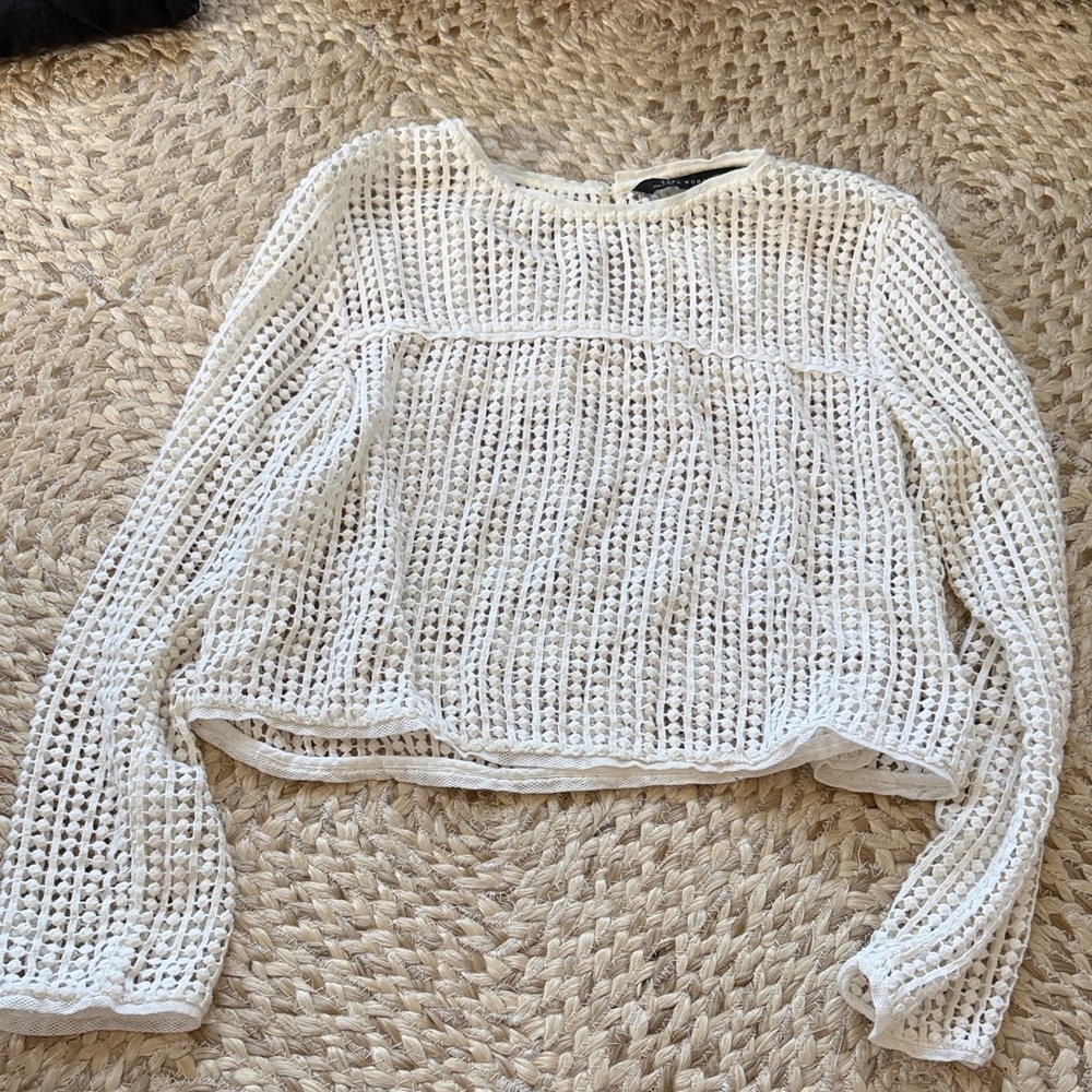 Zara White Crochet Long-Sleeve Women's Top